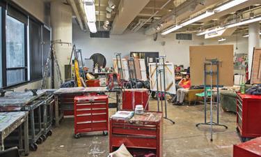 The Painting Studio with splatters of paint and easels, it's a bright cheerful space.