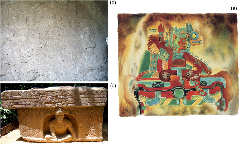 Examples of animate caves in Olmec-style art. (a) Mural C-1 pictograph, Oxtotitlán cave, Guerrero (drawing by Ayax Moreno; courtesy of the New World Archaeological Foundation); (b) Monument 1 (“El Rey” petroglyph), Chalcatzingo; (c) Altar 4, La Venta, La Venta Parque. (Color online)